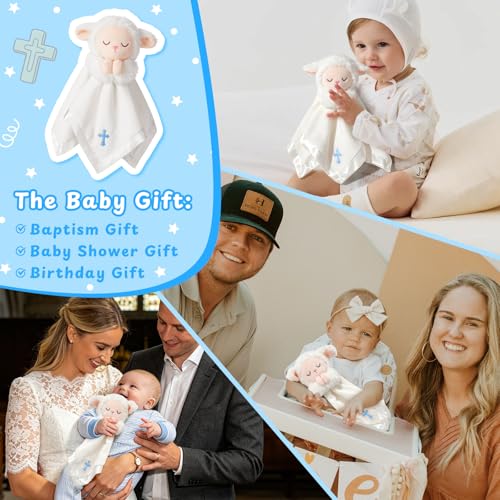 Lamb Baptism Blanket, Lamb Loveys Baptism Gifts for Baby Boys - color: White Lamb Blue Cross