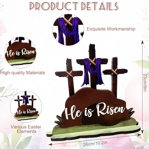JNYVE Easter Table Decorations for Home: He is Risen Decor Religious Christian Scene Decoration Wooden Cross Tabletop Signs for Home Rustic Farmhouse Spring Decor - style: Modern