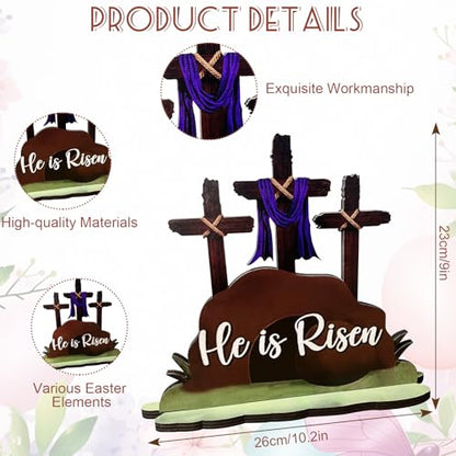 JNYVE Easter Table Decorations for Home: He is Risen Decor Religious Christian Scene Decoration Wooden Cross Tabletop Signs for Home Rustic Farmhouse Spring Decor - style: Modern