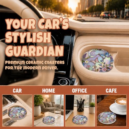 Butterflies Stained Glass Car Coasters, Dreamy Moom Floral Cup Holders, 24 - color: Butterflies Stained Glass
