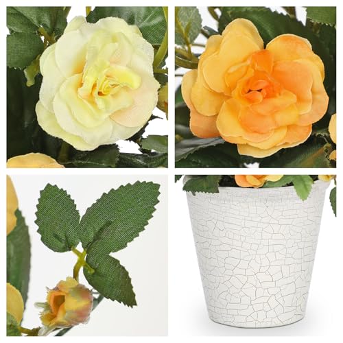 Hollyone Artificial Plants & Flowers in Vase Yellow Camellia Roses Small Faux Flower Plant Arrangement with Pot Fake Rose Flowers Home Decor Office Bathroom Shelf Desk Table Decoration - color: Yellow, size: Small