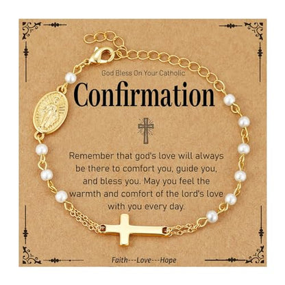 Catholic Bracelets Gifts for Women Girls, Simulated Pearl Rosary Beads Virgin Mary Cross Charm Bracelet Confirmation First Communion Baptism Religious Christian Jewelry Gift - color: Confirmation Gold