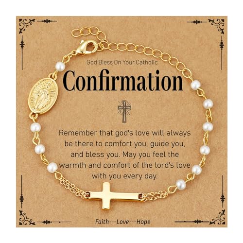 Catholic Bracelets Gifts for Women Girls, Simulated Pearl Rosary Beads Virgin Mary Cross Charm Bracelet Confirmation First Communion Baptism Religious Christian Jewelry Gift - color: Confirmation Gold