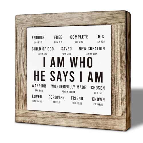 Christian Wooden Desk Decor Wooden Sign, I Am Who He Says I Am, Farmhouse Bible Verse Affirmation Tabletop Sign, Inspirational Religious Gift for Family 5.9x5.9 Inches - color: color08