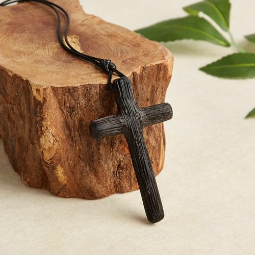 Men's Wooden Cross Necklaces Real Handcrafted Ebony Wood Cross Pendants With Leather Necklace Men's Black Cross Necklaces Christian Baptism Crucifix Pendant for Men （Integrated Wood Grain）