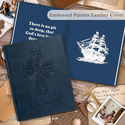 Lanpn Christian Bible Prayer Journal for Men, 91 Days Daily Devotional Journals, Bible Study Notebook with Scripture Verse for Church Pray Notes, Religious Faith Gifts, Blue Leather Hardcover - color: Blue