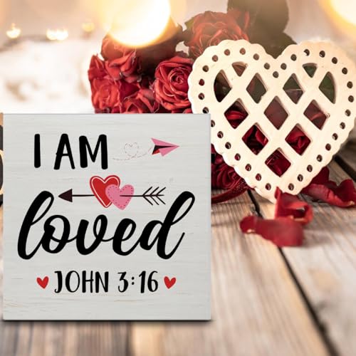 Christian Desk Decor, Rustic I Am Loved Scriptures Wooden Sign - color: Loved