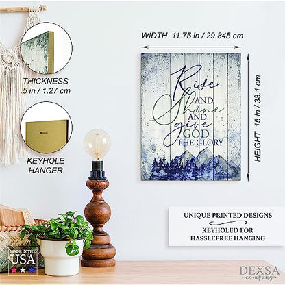 Dexsa Wood Plaque Inspiring Quote 11.75 in x 15 in - Classy Frame Wall Hanging Decoration | Rise and shine and give God the glory | Christian Family Religious Home Decor Saying | Made in the USA