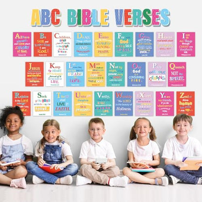 29Pcs ABC Bible Verse Poster Christian Scripture Bulletin Board Sunday School Classroom Decorations Religious Inspirational Quotes Poster for Back to School Church VBS Classroom Home Wall Decor