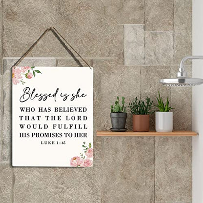 Inspirational Wall Art Blessed Is She Who Has Believed That The Lord Would Fulfill His Promises To Her, Luke 1:45 Christian Art Religious Christmas Gifts for Friends Wooden Hanging Sign 8 x 10 Inches - color: Blessed Is She