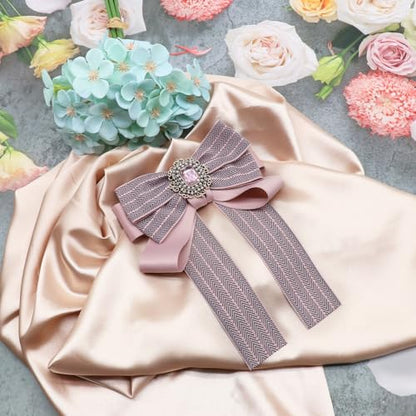 Womens Bow Tie Adjustable Rhinestone Bowtie for Women Ladies Girls Pre-tied Womens Tie for Shirt Suit Uniform - color: Pink-brooch