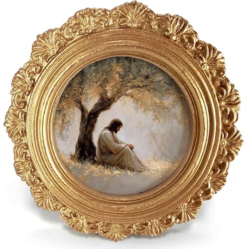 Small Vintage Christian Jesus Round Picture Frame Wall Decor,Christ in Gethsemane Gold Mini Ornate Photo Frame for TableTop 2.7in Photo,Bible Verse Framed Artwork for Walls Office Prayer Room - color: sit