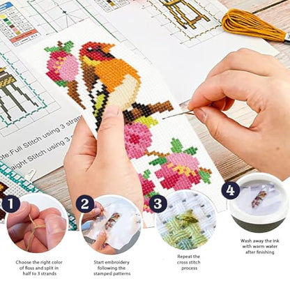 ORIGACH 6 Set Wild Bird Blossom Cross Stitch Bookmark Kit for Beginner - style: Bird & Flowers