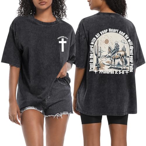 Oversized Western Shirts for Women Cowgirl Vintage Graphic Tees Christian Faith Acid Wash Shirt Bible Verse Tops - color: Black, size: Medium