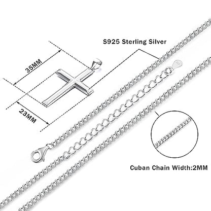 MILACOLATO Solid S925 Sterling Silver Cross Necklace for Men Women | 2mm Durable Sterling Silver Cuban Link Curb Chain Cross Pendant Necklace | Crucifix Cross Pendant Necklace Jewelry 16-24 Inches - style: 14 Inches Chain + 2 Inches Necklace Extender
