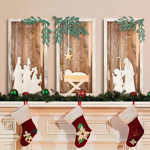 Soaoo Set of 3 Christmas Nativity Scene Wood Wall Decor,Classic Color