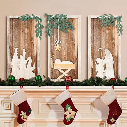 Soaoo Set of 3 Christmas Nativity Scene Wood Wall Decor,Classic Color