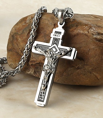 HZMAN Catholic Jesus Christ INRI Cross Crucifix Pendant Necklace for Men - color: Silver