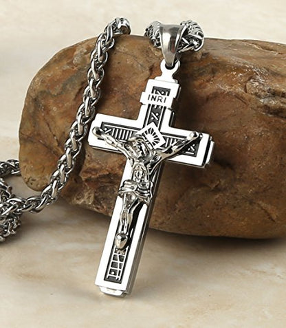 HZMAN Catholic Jesus Christ INRI Cross Crucifix Pendant Necklace for Men - color: Silver