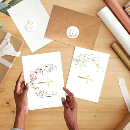 24 Pack Religious Blank Cards with Envelopes & Stickers, 4 x 6 in Watercolor Gold Foil Cross Cards Blank Inside for Baptism, First Communion, Confirmations, Wedding, Baby Shower(12 Designs)