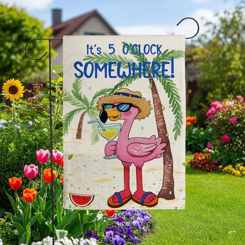 Hello Summer Garden Flag It's 5 O'Clock Somewhere Flamingo12x18in - color: Pink Summer