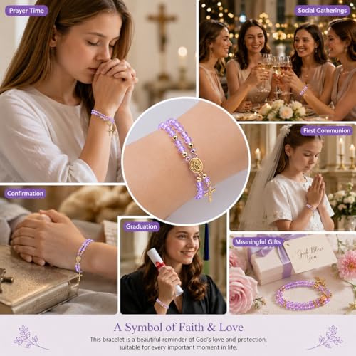 Grace & Faith: Handmade Rosary God Beads Bracelet Virgin Mary Cross Double Layer Chain Crucifix Religious Christian Faith Jewelry - color: Purple Beads