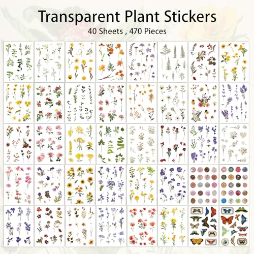 PRSTINCOL Flower Sticker Book, 40 Sheets 470pcs Floral Botanical Themed Journaling Supplies for Scrapbooking Supplies Aesthetic Junk Journal Craft DIY Craft Card Making Laptop - color: Colorful
