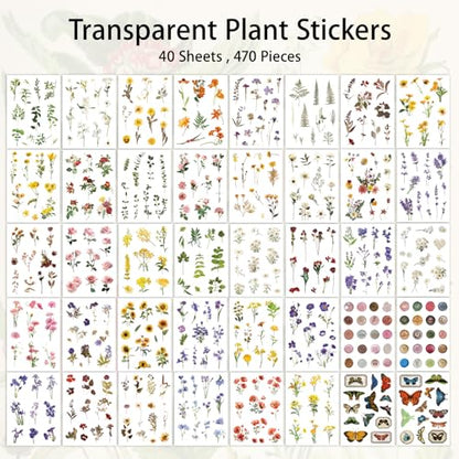 PRSTINCOL Flower Sticker Book, 40 Sheets 470pcs Floral Botanical Themed Journaling Supplies for Scrapbooking Supplies Aesthetic Junk Journal Craft DIY Craft Card Making Laptop - color: Colorful