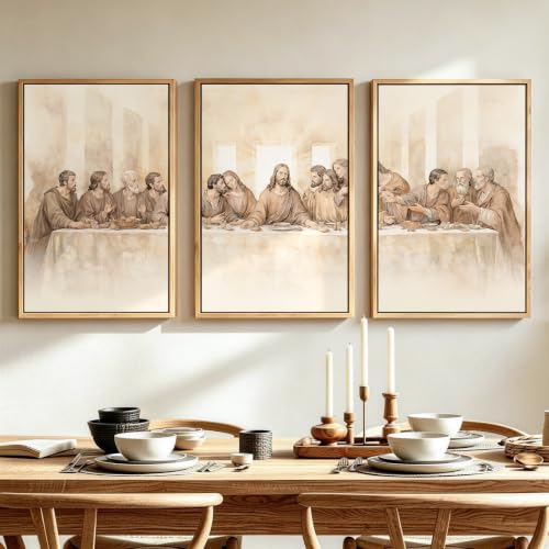 Framed Christian The Last Supper 3 Piece Wall Art for Dining Room, 16x24 In - color: Last Supper, size: 16"W x 24"H