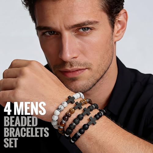 Tondiamo 4pcs Cross Bead Bracelet for Men 8mm Tigers Eye Lava Rock Onyx Black Obsidian American Flag Cross Bracelet Natural Stone Stretch Adjustable Black Wrist Beads for Men Women Gifts