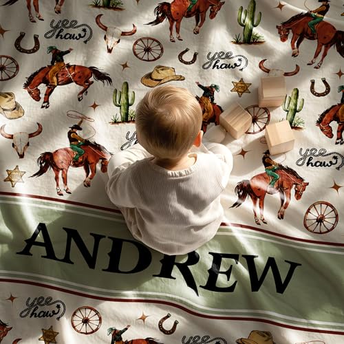 Personalized Cowboy Baby Blanket, Cute Farm Cow Western Pattern Design, Custom Name Toddler Kids Blanket Throw, Rustic Nursery Decor - color: Cowboy Blanket#1