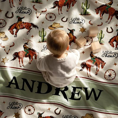 Personalized Cowboy Baby Blanket, Cute Farm Cow Western Pattern Design, Custom Name Toddler Kids Blanket Throw, Rustic Nursery Decor - color: Cowboy Blanket#1