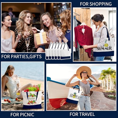 6-Pack Canvas Tote Bags with Zipper, Large Grocery Tote, Navy Blue - color: Navy Blue/White