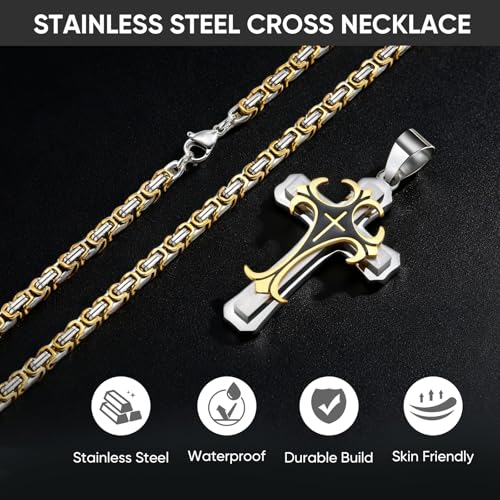 MEALGUET Stainless Steel Crucifix Cross Pendant Necklace,Men's Cross Necklace with Chunky Byzantine Chain/Rolo Chain, Gift for Men - style: Gold plated-byzantine chain
