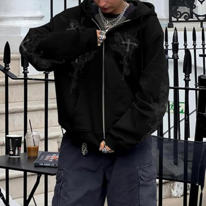 Zip Up Hoodies Y2k Jacket Graphic Gothic Jackets Grunge Cross Hoodie Baggy Streetwear Emo Sweater Aesthetic Clothes - color: Black, size: Large