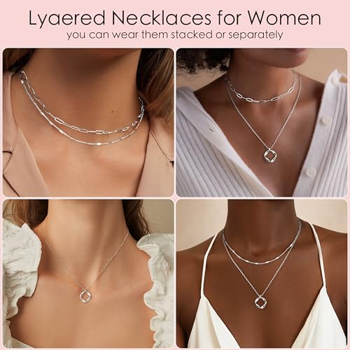 Poxtex Layered Gold Necklaces for Women, Stackable Dainty 14K Gold Silver Plated Trendy Simple Heart Diamond Cross Bow Circle Pendant Paperclip Choker Dot Chain Necklace,Jewelry Set Gifts for Women - color: Silver, style: Circle1