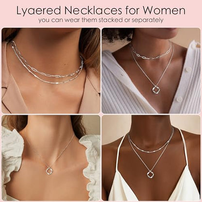 Poxtex Layered Gold Necklaces for Women, Stackable Dainty 14K Gold Silver Plated Trendy Simple Heart Diamond Cross Bow Circle Pendant Paperclip Choker Dot Chain Necklace,Jewelry Set Gifts for Women - color: Silver, style: Circle1