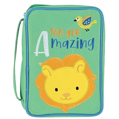 Dicksons Decorative Boys Zippered Bible Cover, Youth Book Case with Carry Handle for Church Travel, 9.5 x 7 Inch Denier Polyester Lion You are Amazing Green