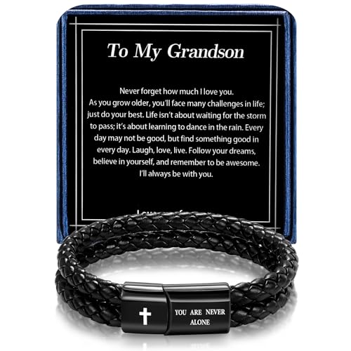 Christian Bracelet for Men, Bible Verse Leather Cross Gift for Men - color: A-To My Grandson-You Are Never Alone-Love You Forever