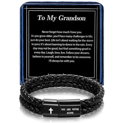 Christian Bracelet for Men, Bible Verse Leather Cross Gift for Men - color: A-To My Grandson-You Are Never Alone-Love You Forever