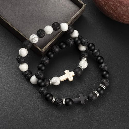 Softones 4PCS Cross Beads Bracelet for Men Women 8mm Healing Lava Stone Stretch Bracelets,7.5" - color: E:4Pcs a set