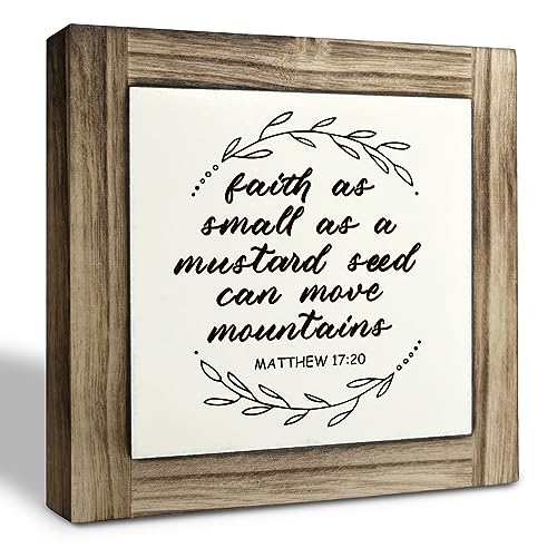 Christian Sign, Box Wood Plaques Desk Décor, Motivational Positive Quotes Wood Sign, Table Art Signs, Rustic Farmhouse Home Decor, Faith as Small as A Mustard Seed Can Move Mountains - Matthew 17:20 - color: Christian-20