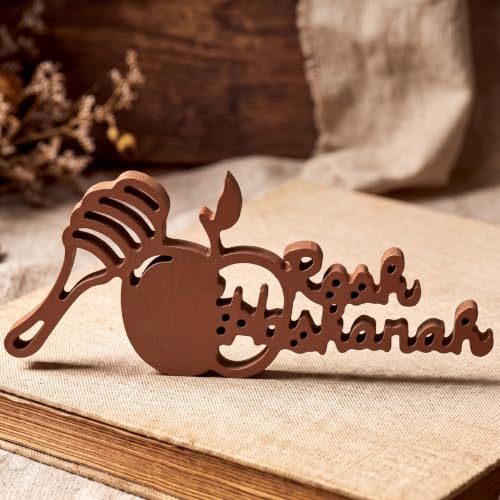 Rosh Hashanah Tabletop Decor Jewish Wooden Table Sign Jewish New Year Centerpiece with Farmhouse 3D Brown Apple Honey Dipper Shape for Home Office Shelf Mantel Tiered Tray Decor Gifts - style: Rosh Hashanah