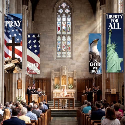 Hosuly 4 Pcs Independence Day Church Banners Patriotic Church Banners for Sanctuary Wall 4th of July Religious Praise Hanging Sign God Bless America for Holiday School Outside Indoor Patriotic Decor - size: 2 x 6 Feet, style: Patriotic