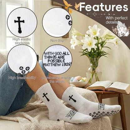 3 Pair Grip Christian Soccer Socks,Easter,Christmas Gift for Men - color: Matthew 19:26 - White