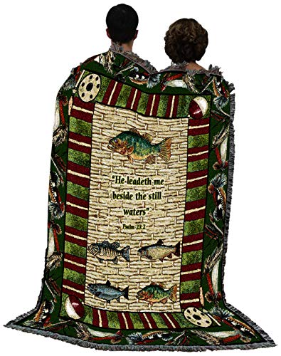 Pure Country Weavers Gone Fishing Psalm Blanket - Scriptures - Psalm 23:2 - Religious Lake Lodge Cabin Gift Tapestry Throw Woven from Cotton - Made in the USA (72x54) - color: Psalm 23:2 Fishing, size: 72" x 54"