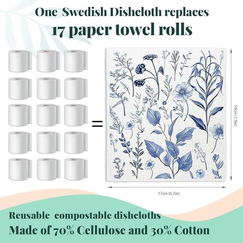 Spring Flower Swedish Dishcloths for Kitchen, Blue Swedish Dish Cleaning Cloths for Floral, Papaya Reusable Paper Towels, 4 Pack Dish Towels for Kitchen, Reusable Paper Dishcloths Washable - color: Flower 3