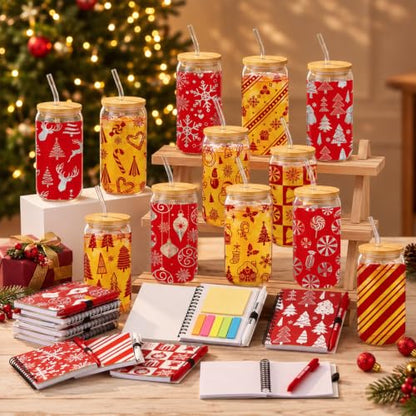 Skylety 12 Set Christmas Bulk 16 oz Red Glass Cups with Lids Straws Xmas Notebook Sticky Note Pens for Employee Appreciation Women Students School Office Holiday Party Favors - style: Red Christmas