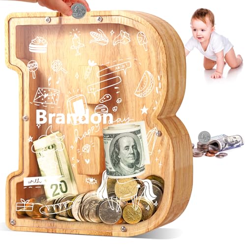 UBeesize Large Piggy Banks Twenty-Six English Alphabet Letter for Boys Girls, Wooden Personalized Bills and Coins Bank Money Box,DIY Name Birthday Gift,Bedroom Living Room Decoration(B) - color: B, size: 9 inches