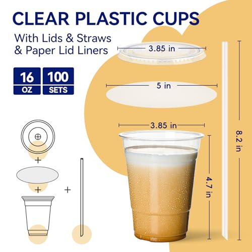 JOLLY CHEF 16 oz Plastic Cups with Lids and Straws 100 Pack for Cold Drink - size: 16 OZ - 100 Sets - Flat Lids